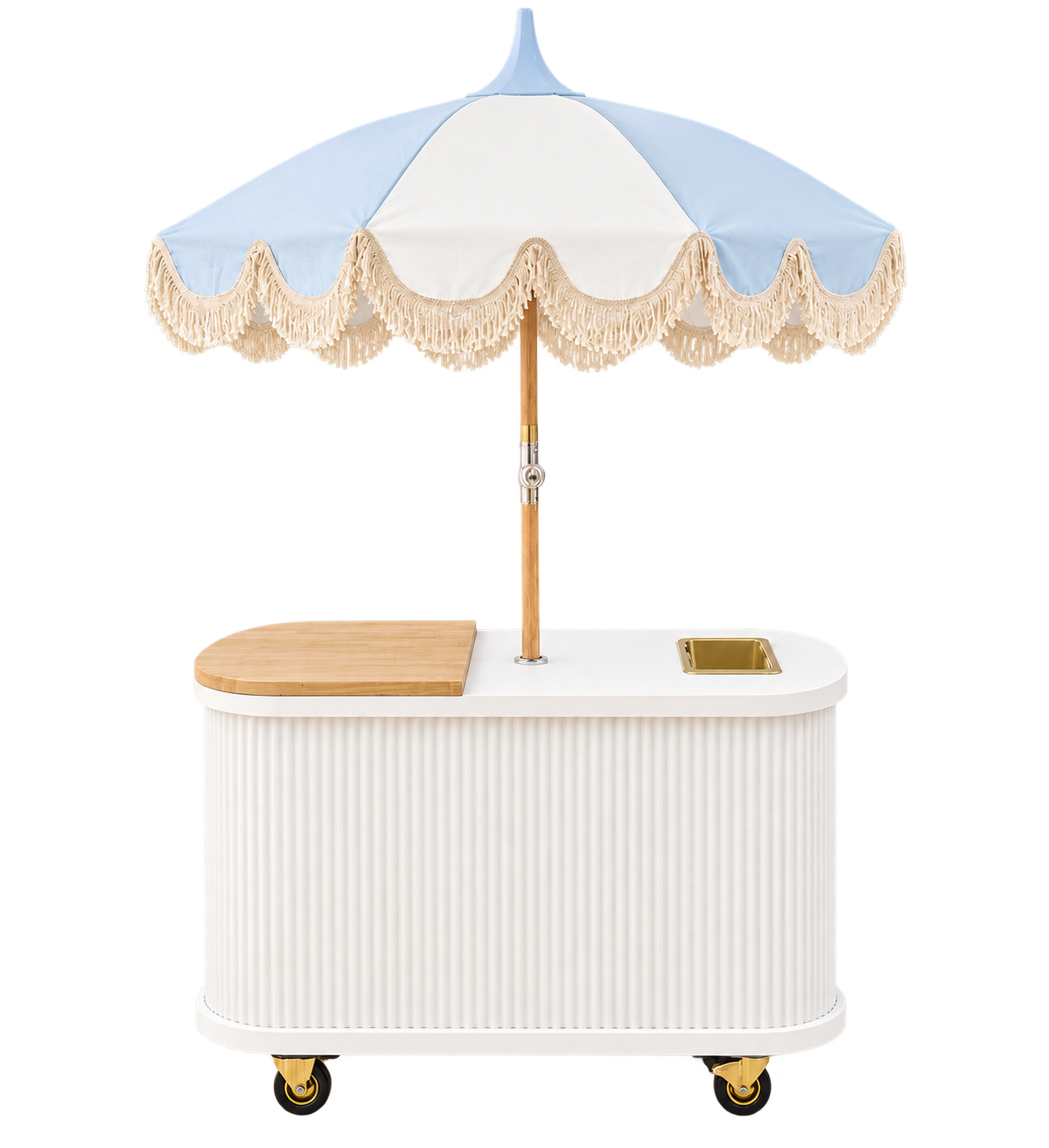 White Coconut Bar beneath a blue and ivory fringed umbrella