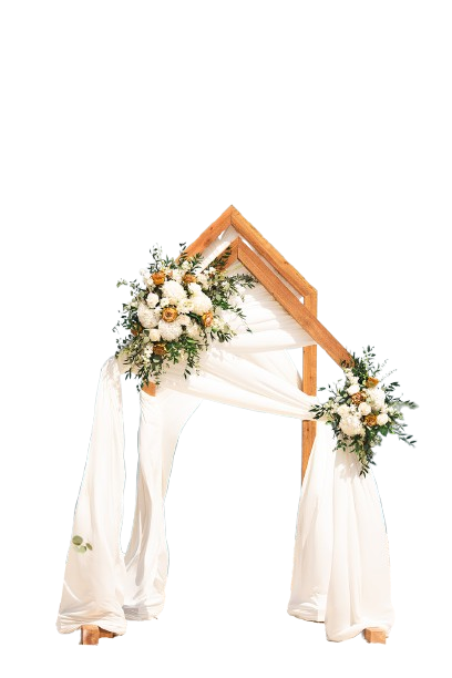 Double-House Wedding Arch styled with draping and flowers