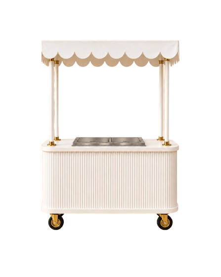White scalloped Ice Cream Cart with integrated cooler