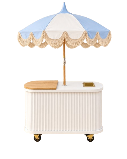 White Cart Haus cart with a light blue umbrella